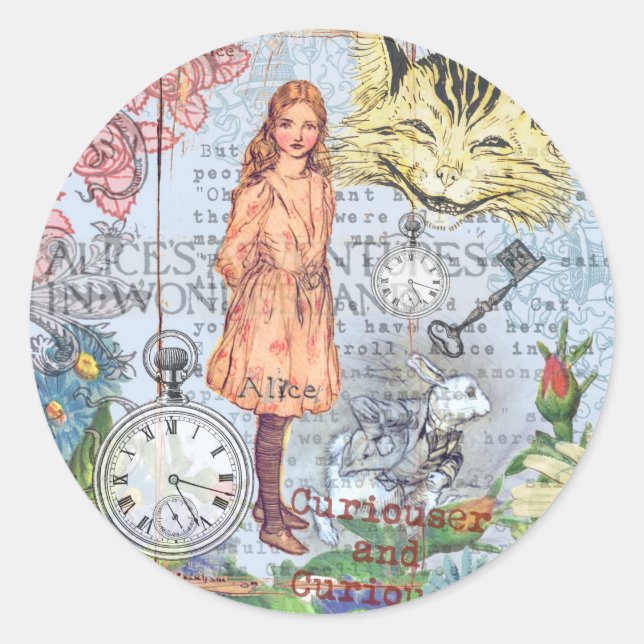 Alice in Wonderland Classic Cheshire Rabbit Alice Round Sticker (Front)