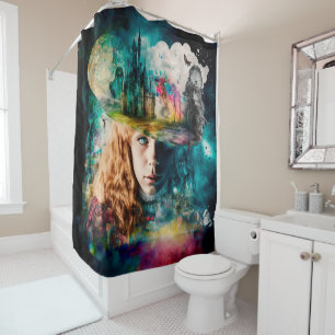 Alice in Wonderland   Clock and City Skyline Shower Curtain