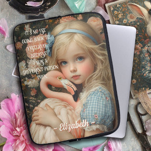 Alice in Wonderland cuddles a Pink Flamingo Laptop Sleeve