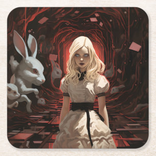 Alice in Wonderland Dark Surrealistic Square Paper Coaster