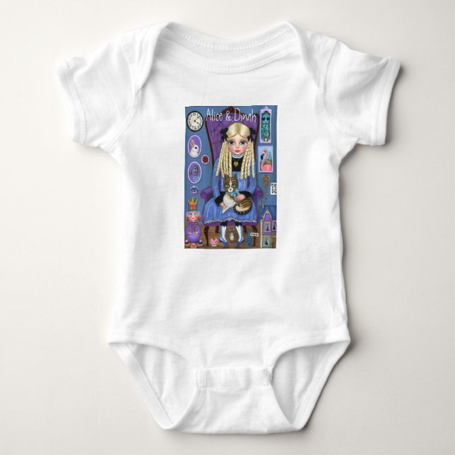 Alice in Wonderland & Dinah Cat Cute Fairy Tale Baby Bodysuit (Front)