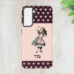 Alice in Wonderland Fairy Tale Monogram Samsung Galaxy Case<br><div class="desc">Do you like the whimsical Alice in Wonderland fairy tale? This design features the classic illustration of Alice,  in burgundy and aqua,  seeming bewildered but charming. Burgundy and peachy pink hearts border the design. Add your initials to personalise this design.</div>