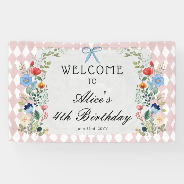Alice in Wonderland Floral Birthday Party Banner (Horizontal)