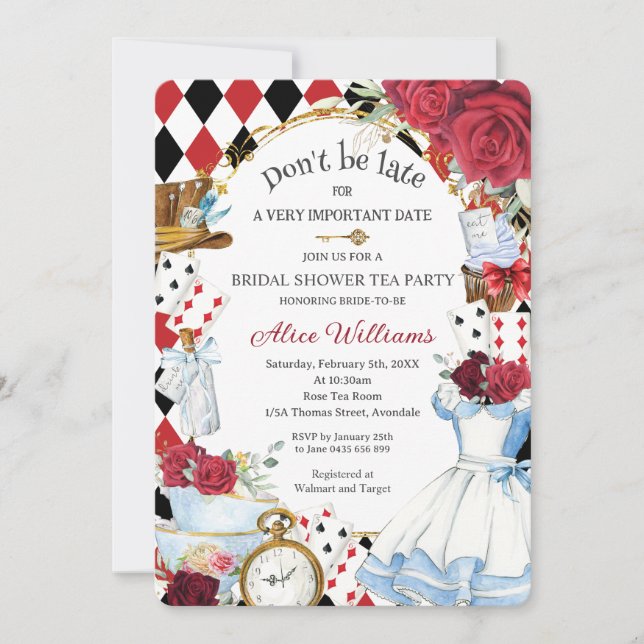 Alice in Wonderland Floral Bridal Shower Tea Party Invitation (Front)