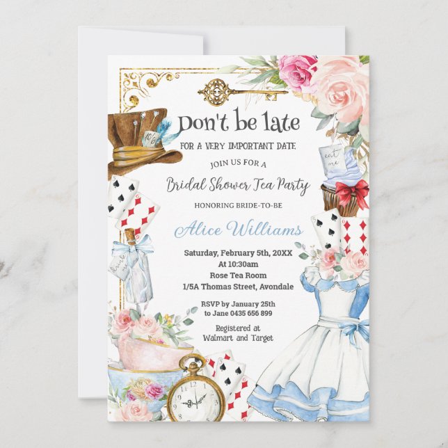 Alice in Wonderland Floral Bridal Shower Tea Party Invitation (Front)