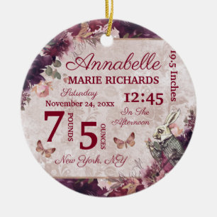 Alice in Wonderland Floral Custom Baby Birth Stats Ceramic Tree Decoration