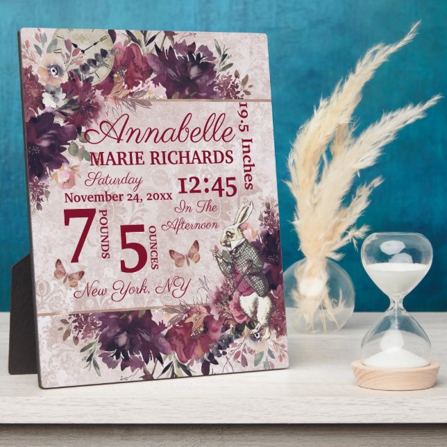 Alice in Wonderland Floral Custom Baby Birth Stats Plaque (Side)