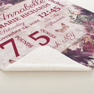 Alice in Wonderland Floral Custom Baby Birth Stats Sherpa Blanket