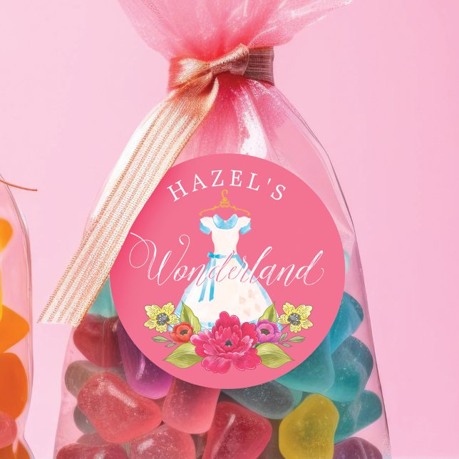 Alice in Wonderland Florals & Blue Dress Birthday Classic Round Sticker (Alice in Wonderland Florals & Blue Dress Birthday Classic Round Sticker)