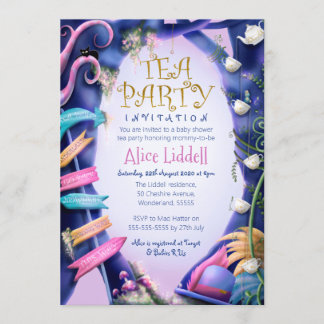Alice in Wonderland, gold glitter, baby shower Invitation
