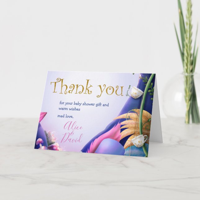 Alice in Wonderland, gold glitter, baby shower Thank You Card (Front)