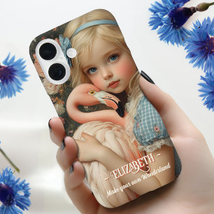 Alice in Wonderland hugs a Pink Flamingo iPhone 16 Case