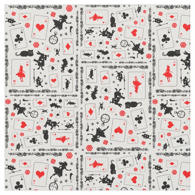 Alice in Wonderland in Black White Red on White Fabric (Close Up)