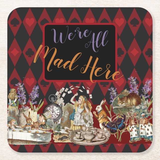 Alice in Wonderland Mad Cheshire Cat Square Paper Coaster (Front)