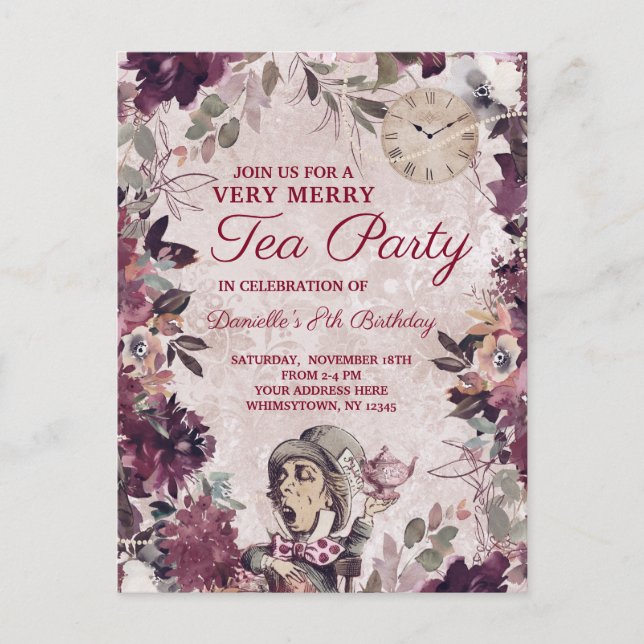 Alice in Wonderland Mad Hatter Birthday Tea Party Invitation Postcard (Front)