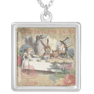 Alice in Wonderland Mad Tea Party Art Silver Plated Necklace