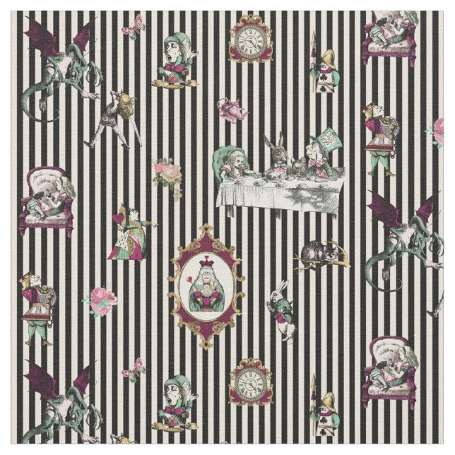 Alice in Wonderland on Black and Cream Striped  Fabric (Close Up)