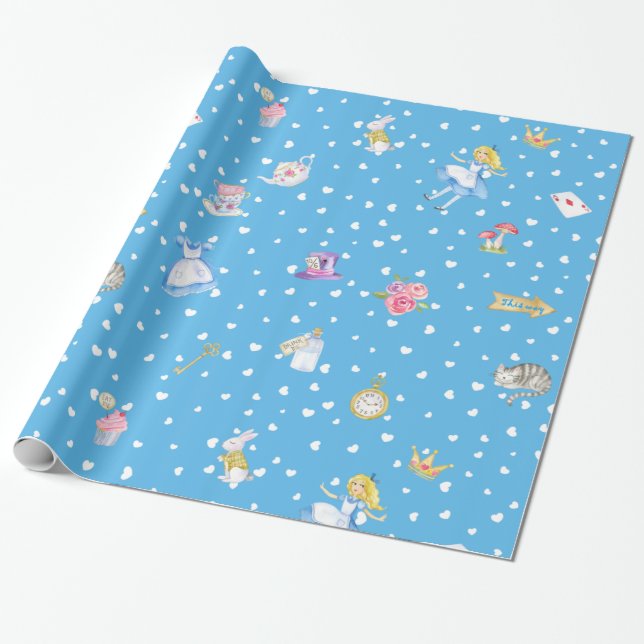 Alice in Wonderland on Blue/White Falling Hearts Wrapping Paper (Unrolled)