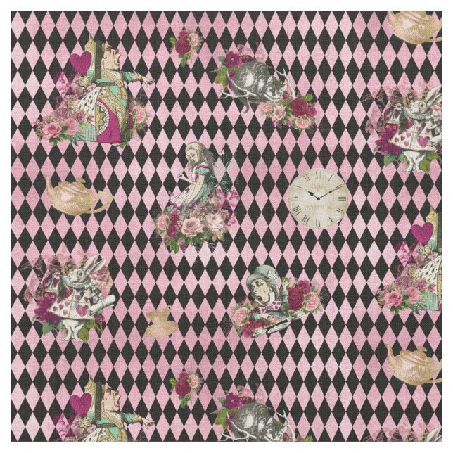 Alice in Wonderland on Pink and Black Harlequin Fabric (Close Up)
