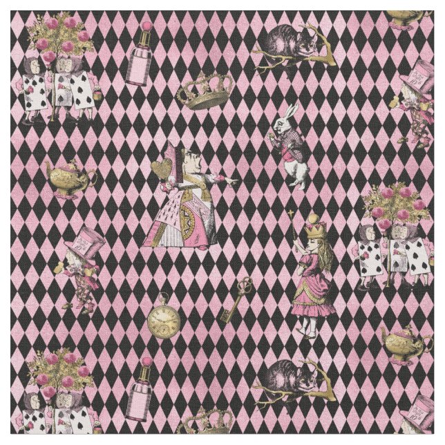 Alice in Wonderland on pink and black harlequin Fabric (Close Up)