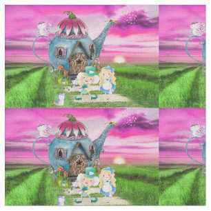 Alice in Wonderland on Tea pot Background Fabric