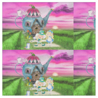Alice in Wonderland on Tea pot Background Fabric