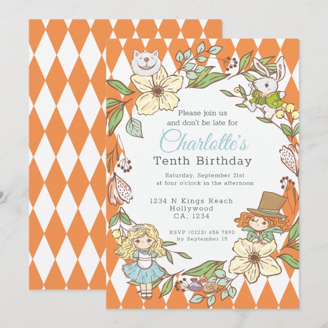 Alice in Wonderland Personalised Party Invitation (Front/Back)