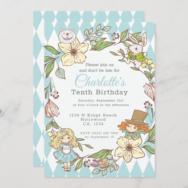 Alice in Wonderland Personalised Party Invitation (Front/Back)