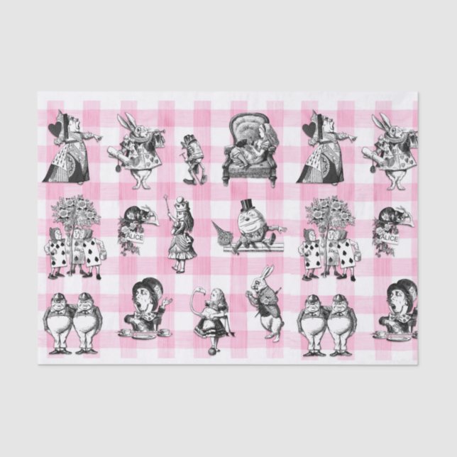 Alice In Wonderland, pink and white gingham Tissue Paper (Front)