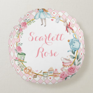 Alice in Wonderland Pink Floral Baby Girl Nursery Round Cushion