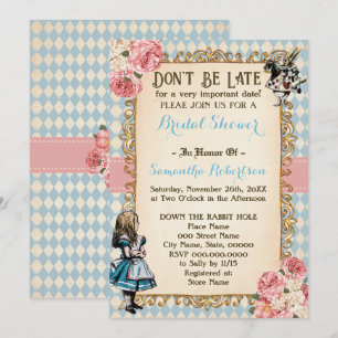 Alice in Wonderland Pink Flowers Bridal Shower Invitation