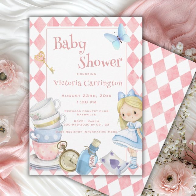 Alice in Wonderland Pink Whimsical Baby Shower Invitation (Creator Uploaded)