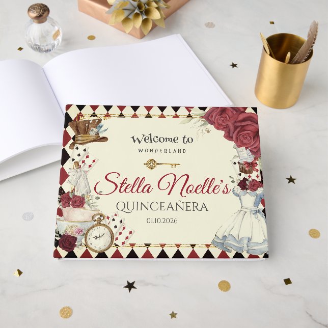 Alice in Wonderland Quinceanera Birthday Bridal Guest Book (Front Open)