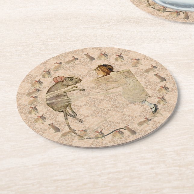 Alice in Wonderland Rabbit Mouse  Round Paper Coaster (Angled)