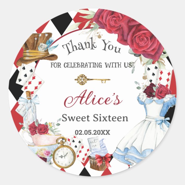 Alice in Wonderland Red Floral Birthday Tea Party  Classic Round Sticker (Front)