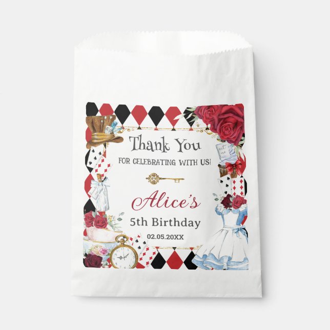 Alice in Wonderland Red Floral Birthday Tea Party  Favour Bags (Front)