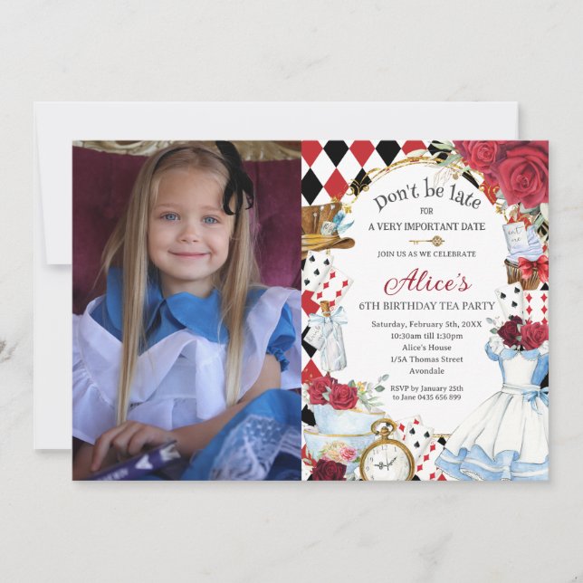 Alice in Wonderland Red Floral Birthday Tea Party  Invitation (Front)