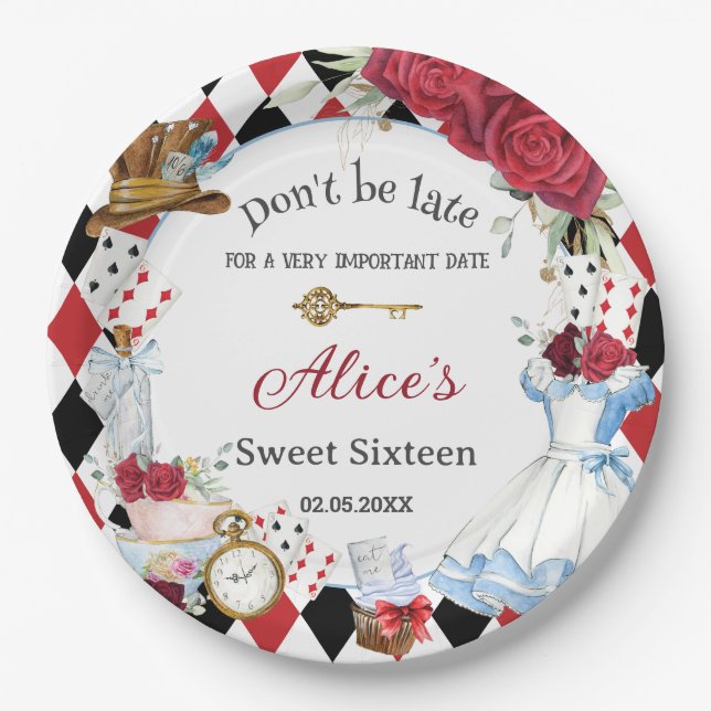 Alice in Wonderland Red Floral Birthday Tea Party  Paper Plate (Front)