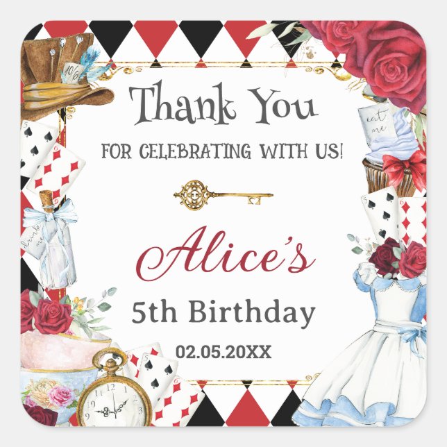 Alice in Wonderland Red Floral Birthday Tea Party  Square Sticker (Front)