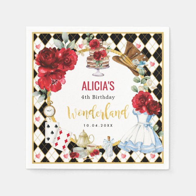Alice in Wonderland Red Flower Girls Tea Party Napkin (Front)