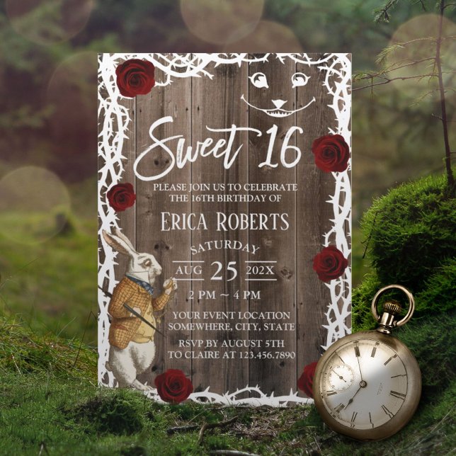Alice in Wonderland Rustic Barn Wood Sweet 16 Invitation (Creator Uploaded)