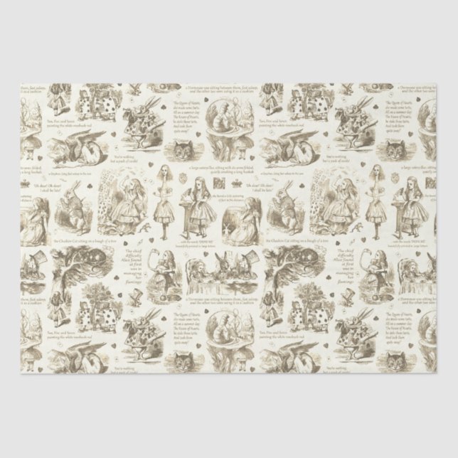 Alice in Wonderland Sepia Beige Toile Quotes Tissue Paper (Front)