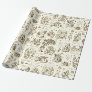 Alice in Wonderland Sepia Beige Toile Quotes Wrapping Paper