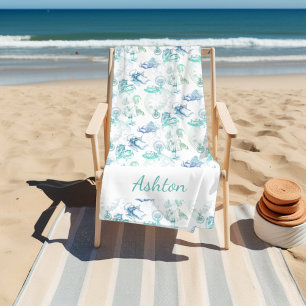 Alice in Wonderland Tea Blue Aqua Name Beach Towel