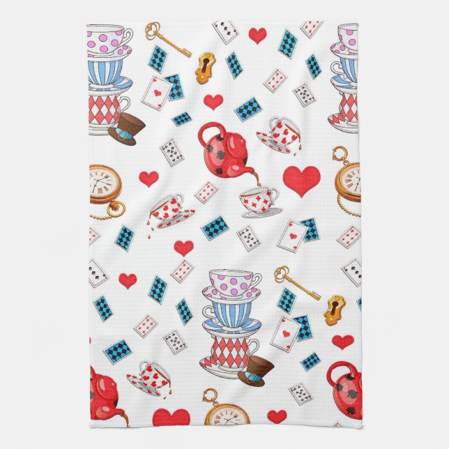 Alice in Wonderland Tea Party Theme Pattern Tea Towel (Vertical)