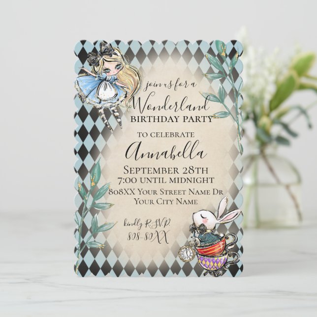 Alice in Wonderland Theme with White Rabbit Invitation (Standing Front)