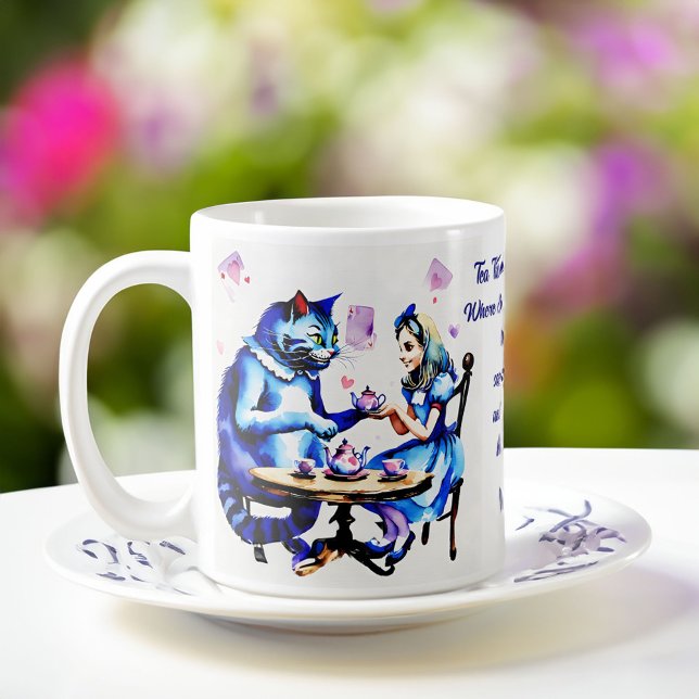Alice in wonderland themed party favours coffee mug (Alice in wonderland themed party favors personalized name coffee mug Cheshire cat and Alice tea time)