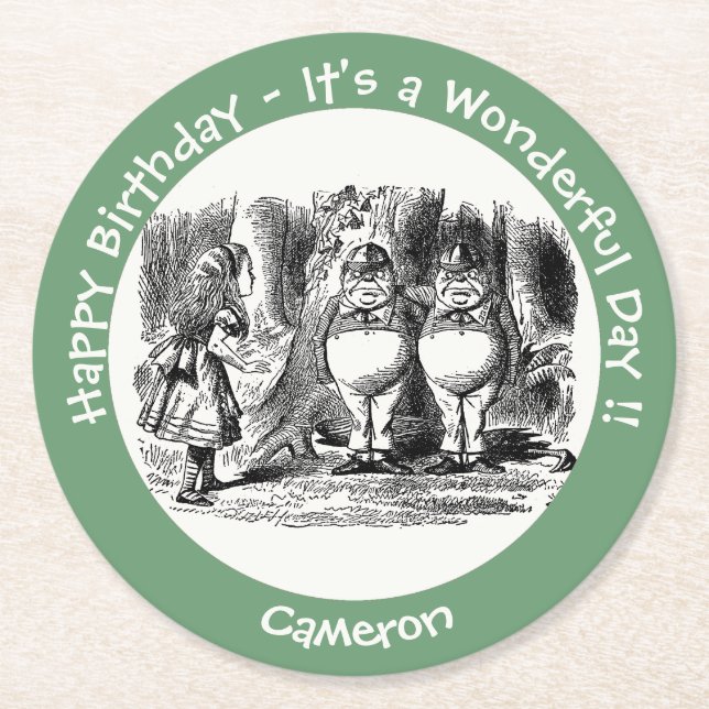 Alice in Wonderland Tweedledum & Tweedledee Party Round Paper Coaster (Front)