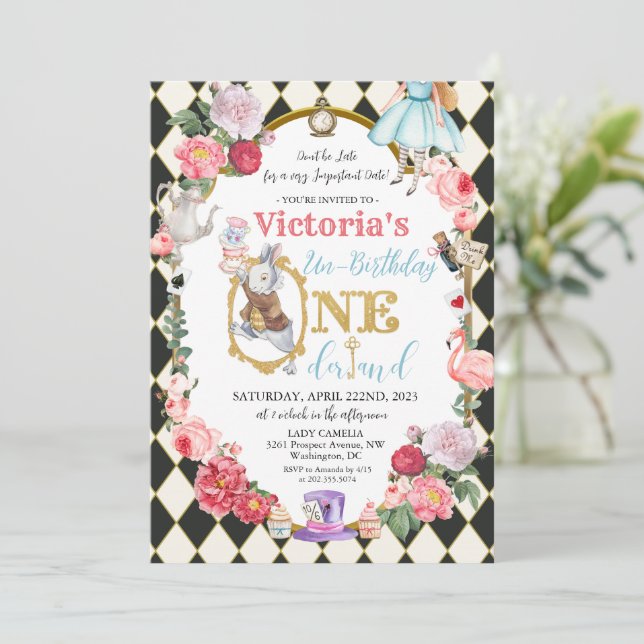 Alice in Wonderland Vintage Birthday Invitation (Standing Front)