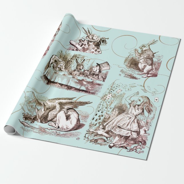 Alice in Wonderland Vintage Blue Gold Wrapping Paper (Unrolled)